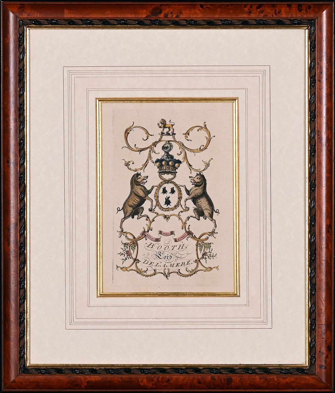 Decorative print with a coat of arms and two bears, framed in a wooden frame.