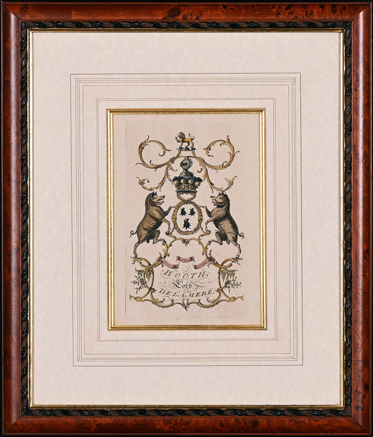 Decorative print with a coat of arms and two bears, framed in a wooden frame.