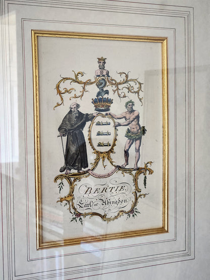 Decorative print with two figures and ornate text on a white background
