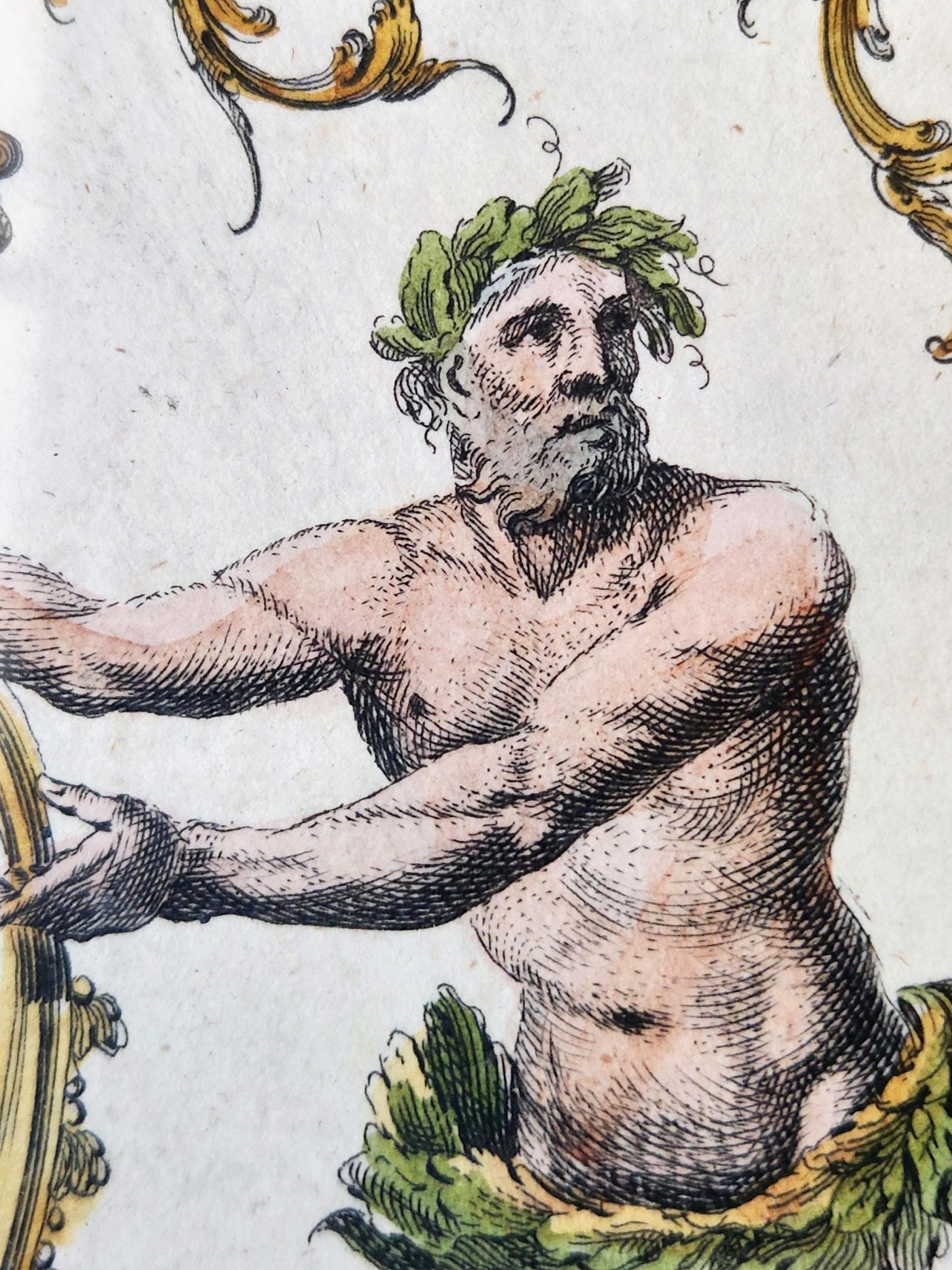 Colorful illustration of a classical figure with a laurel wreath, surrounded by decorative elements.