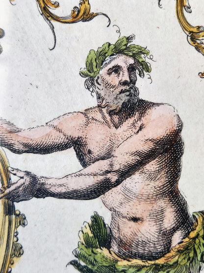 Colorful illustration of a classical figure with a laurel wreath, surrounded by decorative elements.