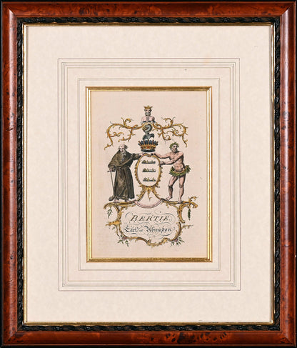 Decorative print with a coat of arms and two figures, framed in a wooden border.