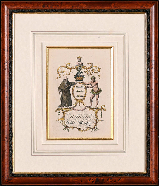 Decorative print with a coat of arms and two figures, framed in a wooden border.