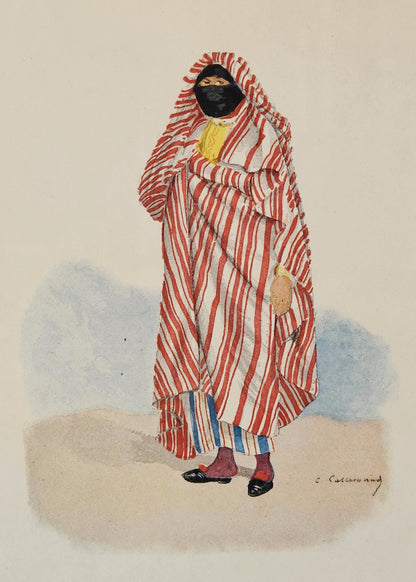 Artistic depiction of a Tunisian woman in traditional attire with a striped robe and headscarf on a plain background.